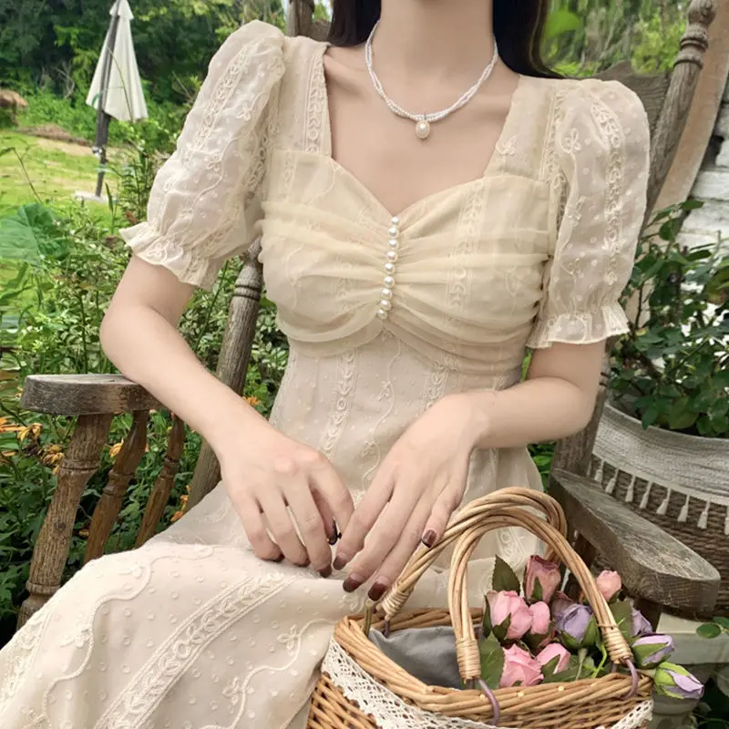 Elegant Mesh Lace Beading France Vintage Dress Woman Clothing 2022 Summer New Aesthetic Puff Sleeve VNeck Hook Flower Midi Dress