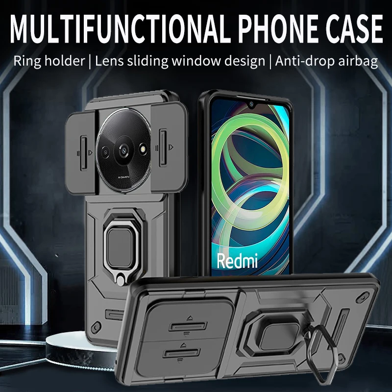 Slide Lens Cover Armor Shockproof Case For Xiaomi Redmi A3 A 3 3A 4G RedmiA3 6.71inches Magnetic Holder Ring Protect Fundas phone case phone protector cover magnetic case camera protector case camera lens protector case camera lens case