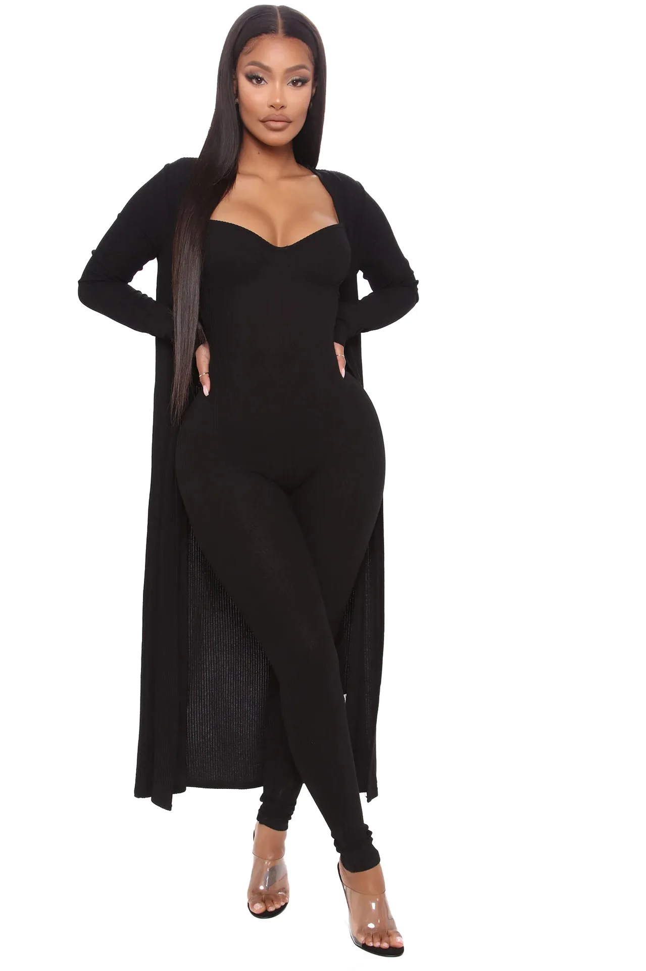 Autumn Winter Women Loungewear Bodysuit Set Suspender Jumpsuit+Knitted Cardigans Long Coat Lounge Wear Pajamas Two Piece Set