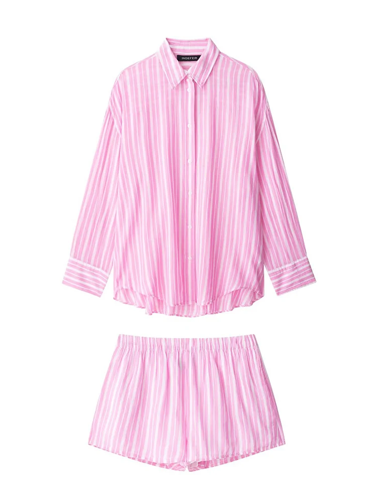 TFMLN 2025 New Women's Striped Shorts Sets Two Piece Summer Thin Loose Shirts Elastic Waist Shorts Suit Women Casual Outfits