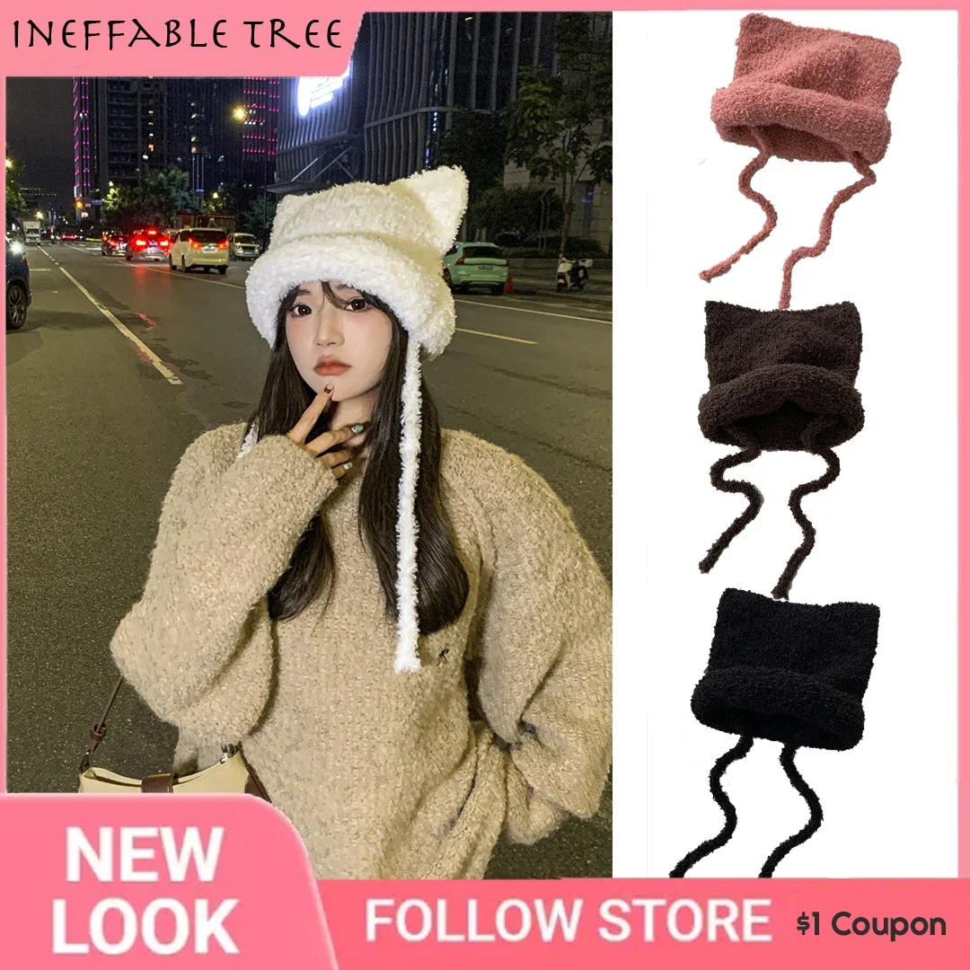 Ins Cute Bear Ears Cappelli Da Donna Lavorati A Maglia Autunno Inverno Versatile Warm Ear Protection Strap Berretti Berretto Per Uomo Sombreros De Muj