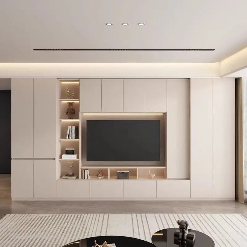 European Modern Luxury TV Cabinet For Home Wall-Mounted MDF With Glass Wooden Living Room Storage TV Stand For Bedroom