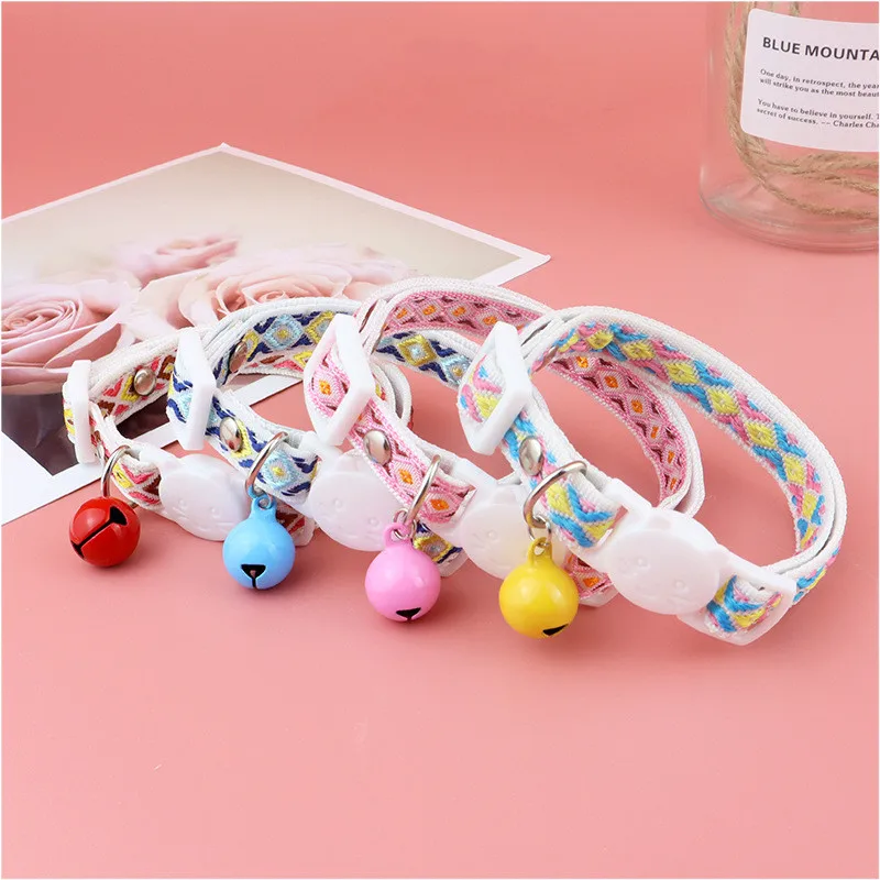 

Adjustable Cat Collar With Tassels Bell Embellished Pet Collar Colorful Plaid Jacquard Pattern Neck Necklace Kitten Dog Supplies