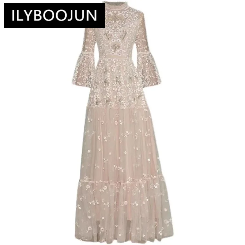 

Spring Designer Fashion Maxi Dress New Long Flare Sleeve Luxury Beading Sequined Mesh Flower Embroidery Dresses