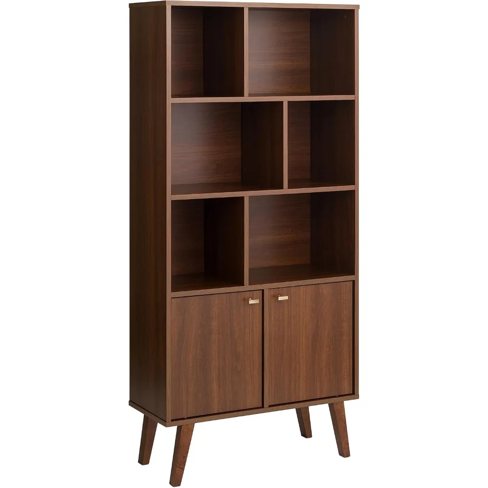 Milo Mid-Century Modern Bookcase with Six Shelves, Two Doors, and Brushed Brass-Finished Knobs 4