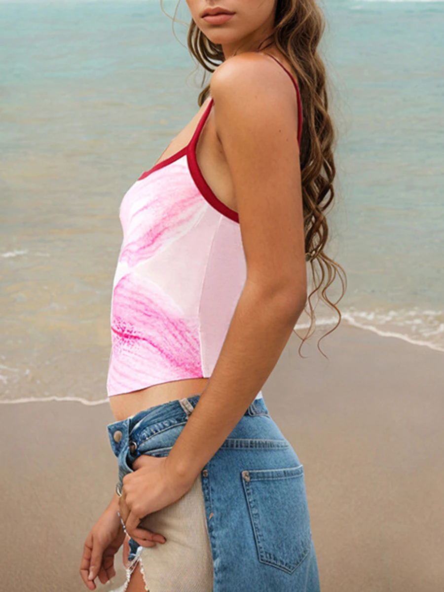 Ladies Sleeveless Camisole with Floral Print and Backless Design  Fit Crop Top with Scoop Neck and Contrast Trim