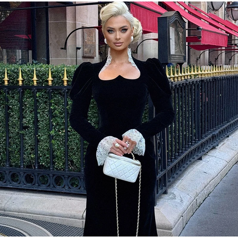 Vintage Floral Square Collar Long Dresses Women Elegant Puff Sleeve Lace Patchwork Maxi Dress Female Spring Chic Street Evening
