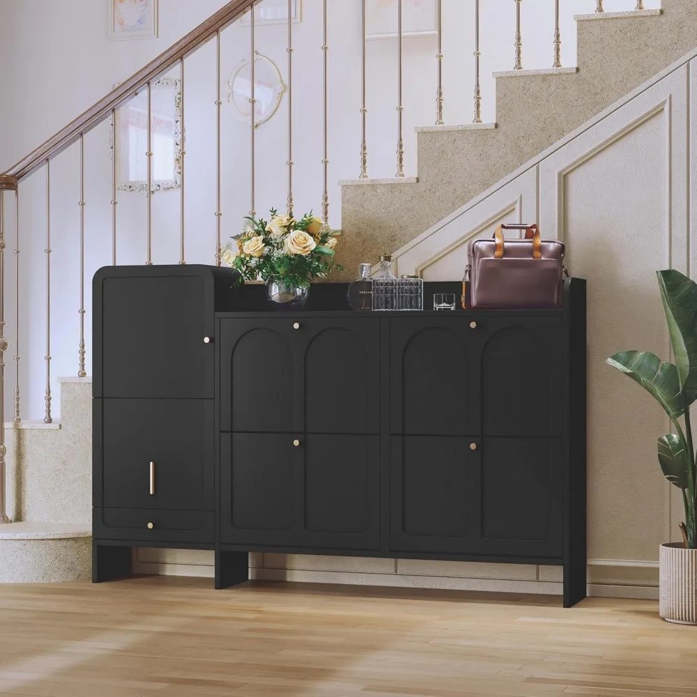 Modern Shoe Cabinet with 4 Flip Drawers, Large Shoe Storage Cabinet with Hidden Stool & Adjustable Shelves, Wood Shoe Rack Organ 4