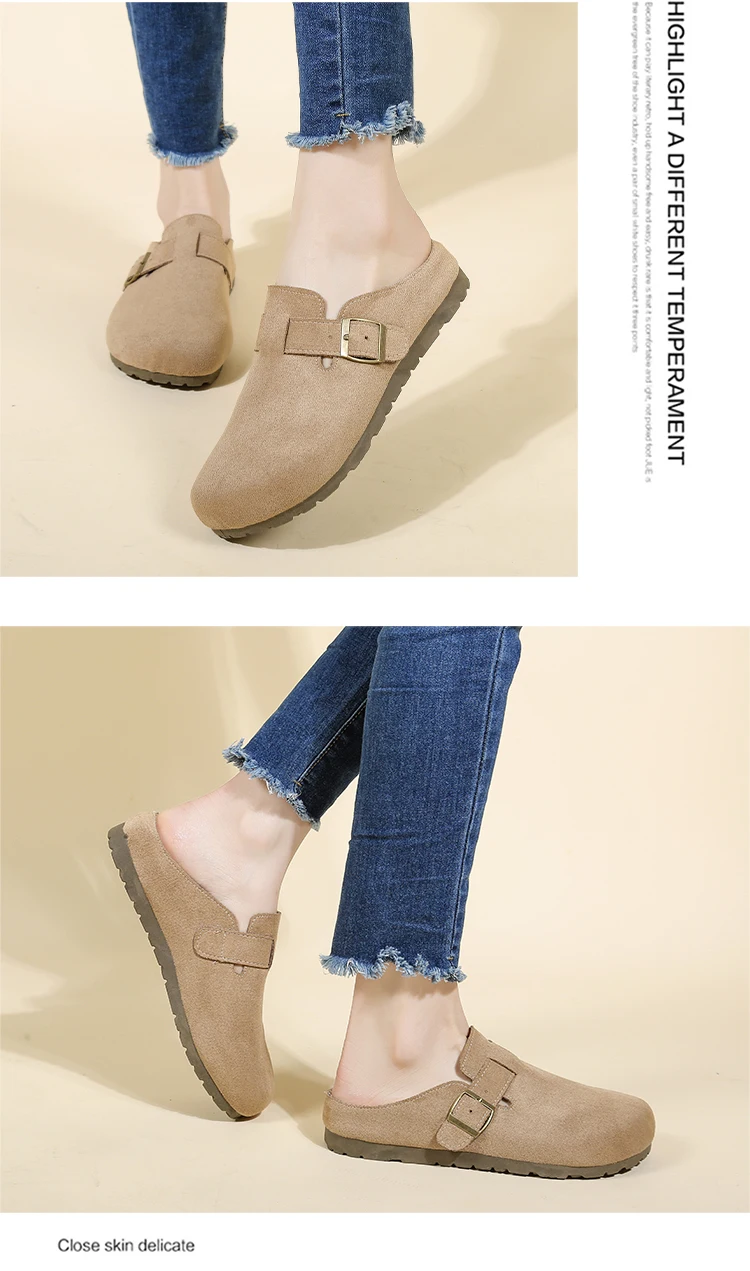Women's Retro Suede Clogs With Buckle Slip-on Mules Flat Sandals_voghion.com