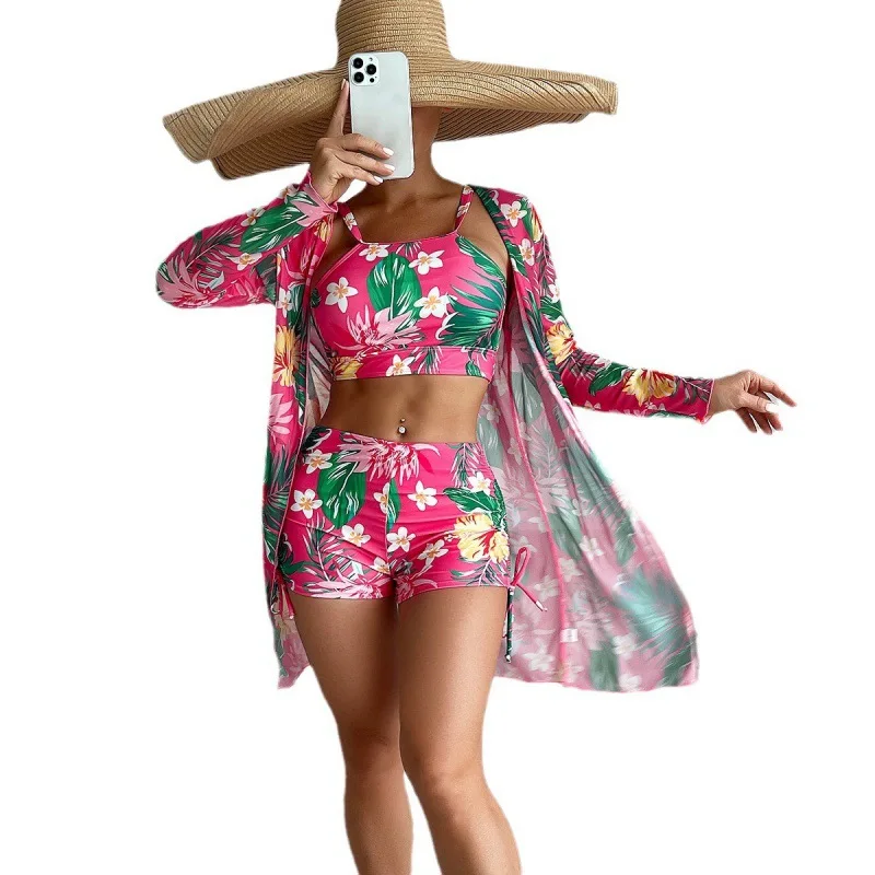 Jinrui Swimsuit Women's Split Three-Piece Boxer Shorts Printing Mesh Red Conservative Swimwear