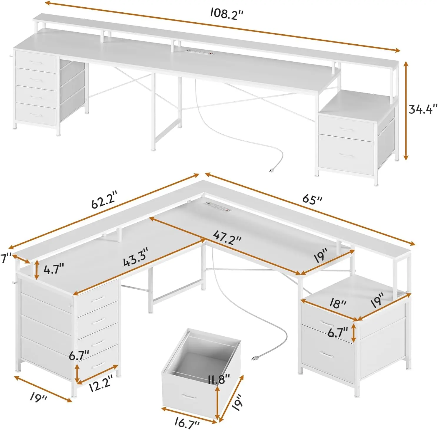 L Shaped Desk with 6 Drawer, 108" Home Office Desk with File Drawer & Power Outlet, Corner Computer Desk with Monitor Shelf 5