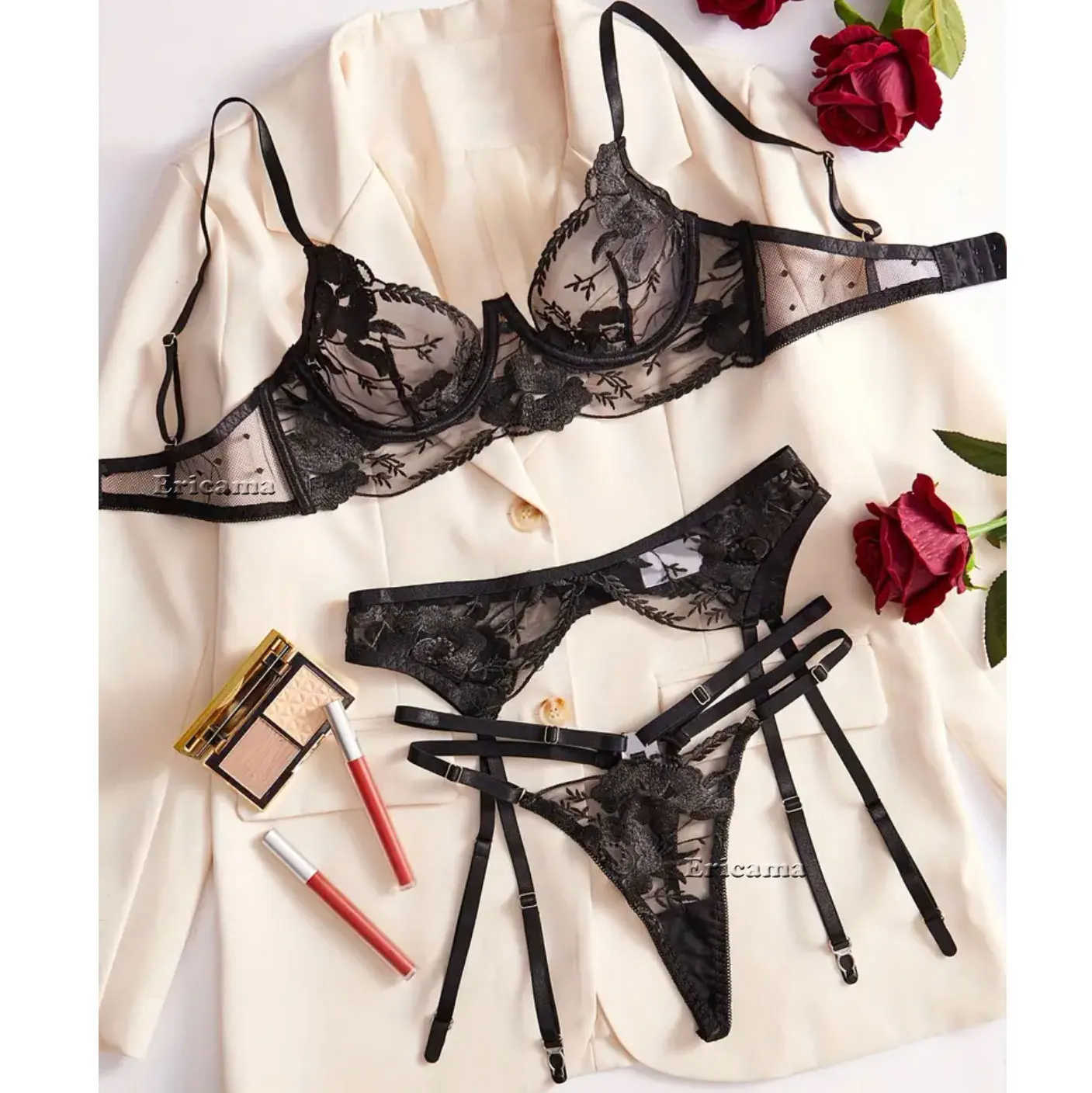 Transparent Lace Bra Set Women Sheer Temptation Exotic Sexy Lingerie Set Ladies Flroal Black Bra Underwear Set