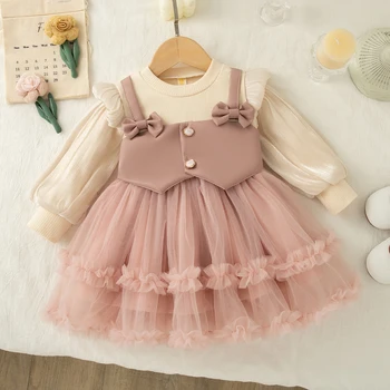 Autumn New Solid Color Chiffon Baby Girl Princess Dress, Sweet Bow Children'S Clothing For Birthdays (6 Months -3 Years) 1