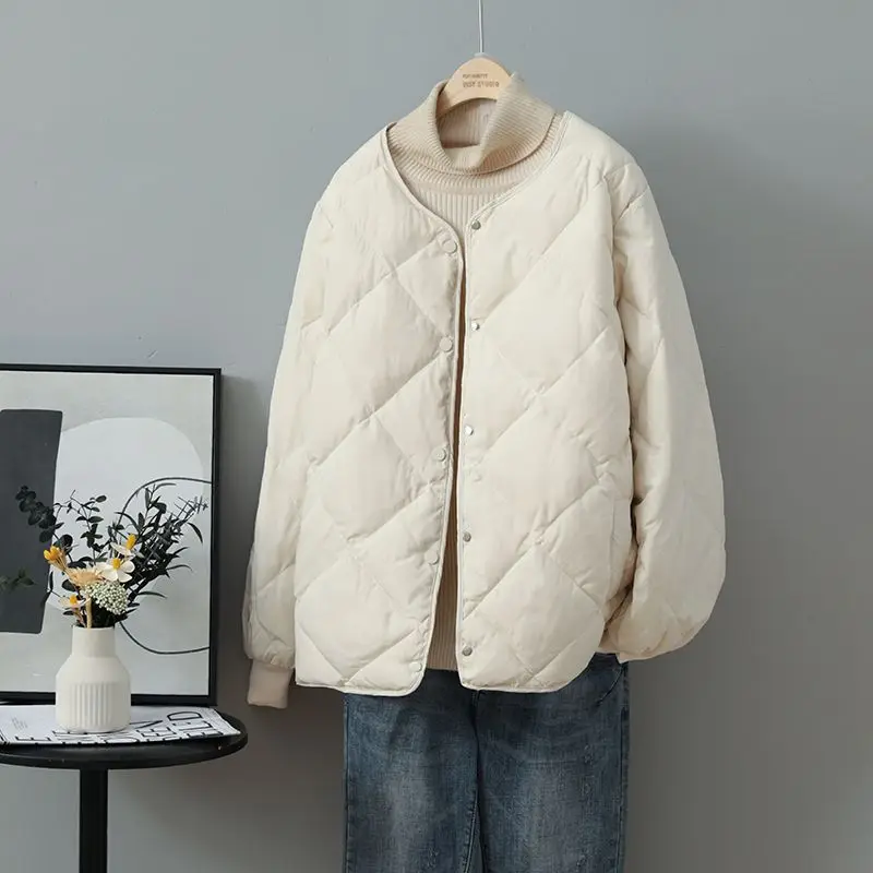 

Fall Winter Women's Thin Quilted Parkas Fashion Single Breasted Solid Cotton Padded Jacket Female All-match Bottoming Coat