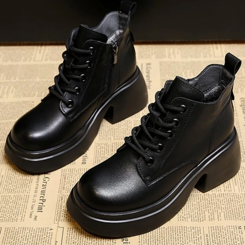 2024 NEW Fashion Casual Round-toe women's boots lace-up thick-soled boots women's handmade shoes retro women's shoes thick heels