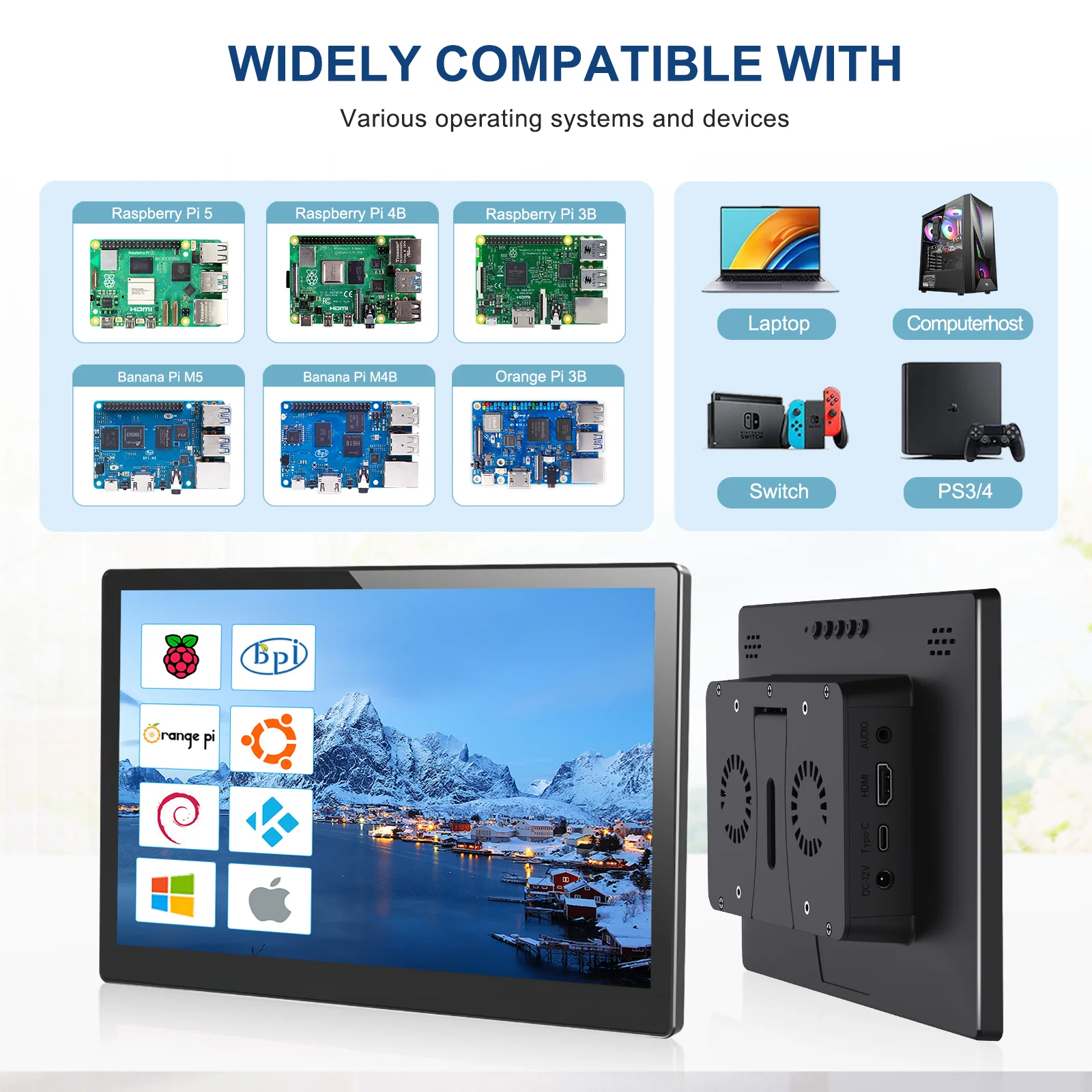 10.1인치 터치스크린 모니터 1280x800 라즈베리 파이 5 4 3 스위치 엑스박스 PS4 노트북 PC TV 멀티 디바이스 확장 디스플레이 호환