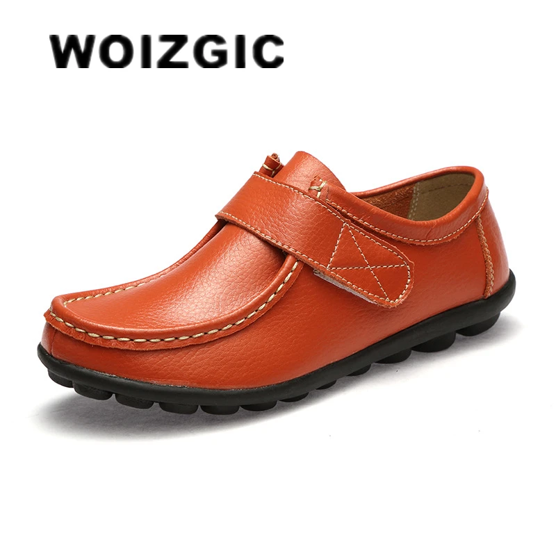 

WOIZGIC Women Ladies Female Mother Genuine Leather Shoes Flats Loafers Round Toe Hook Loop Moccasins Vintage Plus Size 41 42