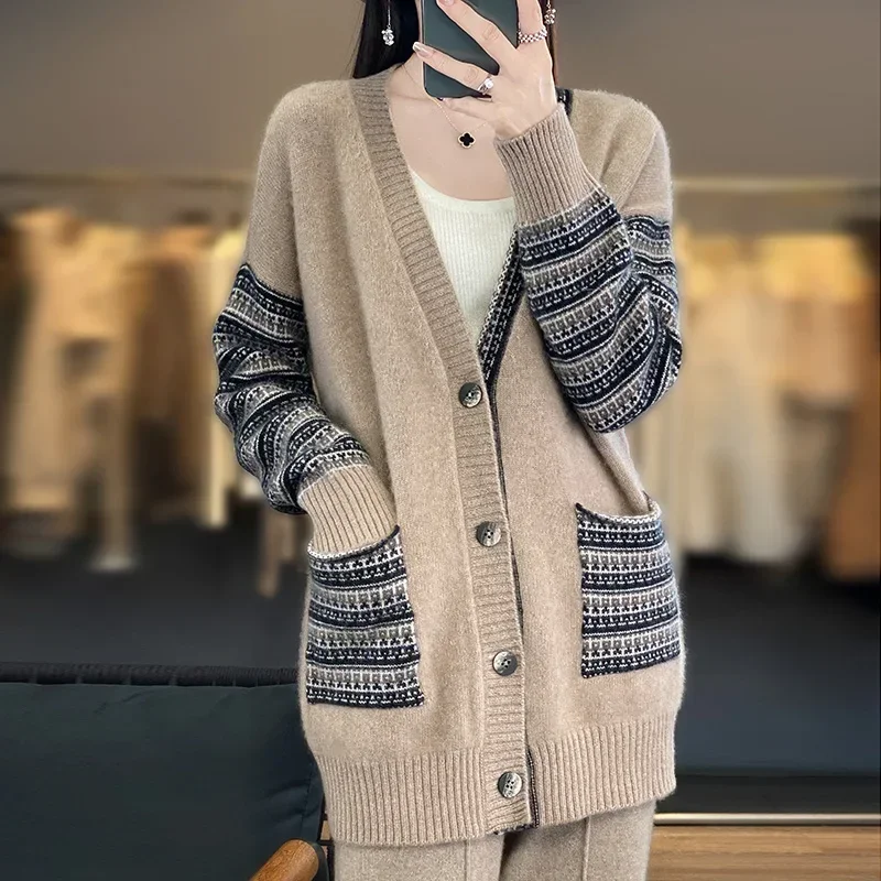 

Женский вязаный кардиган с длинным рукавом, свободный свитер большого размера из 100%-ной шерсти в стиле ретро, Осень-зима