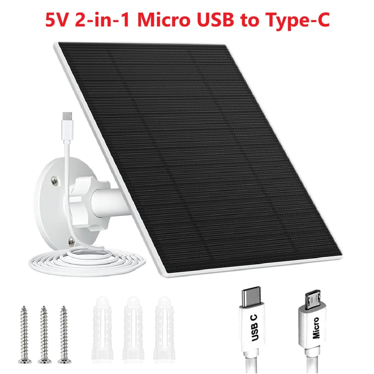 10W 5V แผงพลังงานแสงอาทิตย์สําหรับกล้องรักษาความปลอดภัย 9.8ft สาย 2in1 Micro USB + Type-C แผงพลังงานแสงอาทิตย์กันน้ํา 5V USB-C Solar Cells Charger 1