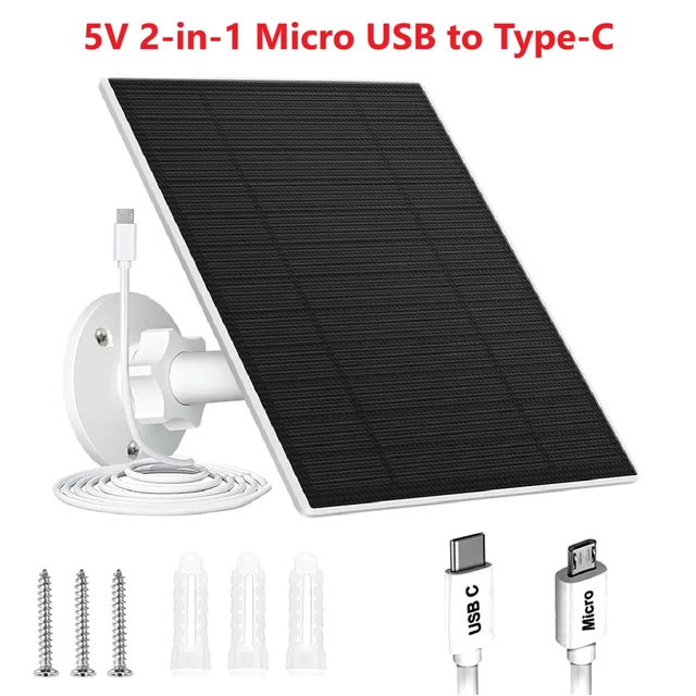 Chargeur solaire portable extérieur 10W 6V étanche avec cordon de 3m, 2-en-1 Micro USB Type-C pour caméra de sécurité et appareils USB 1