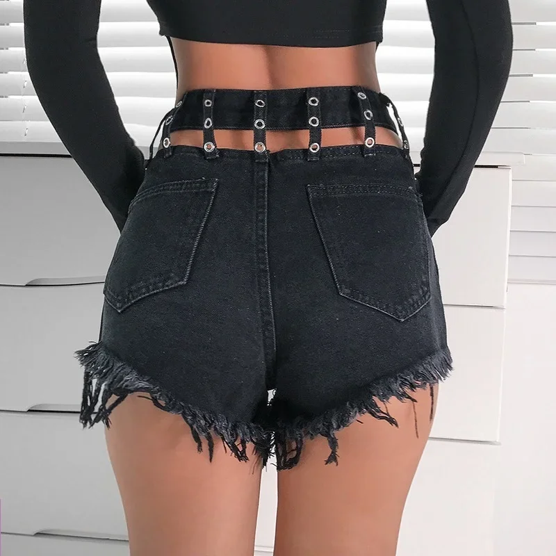 2024 New Women Sexy Hollow Denim Shorts High Waist Wide Leg Shorts Fashion New Slim Hip All-Match Casual Black Shorts for Female