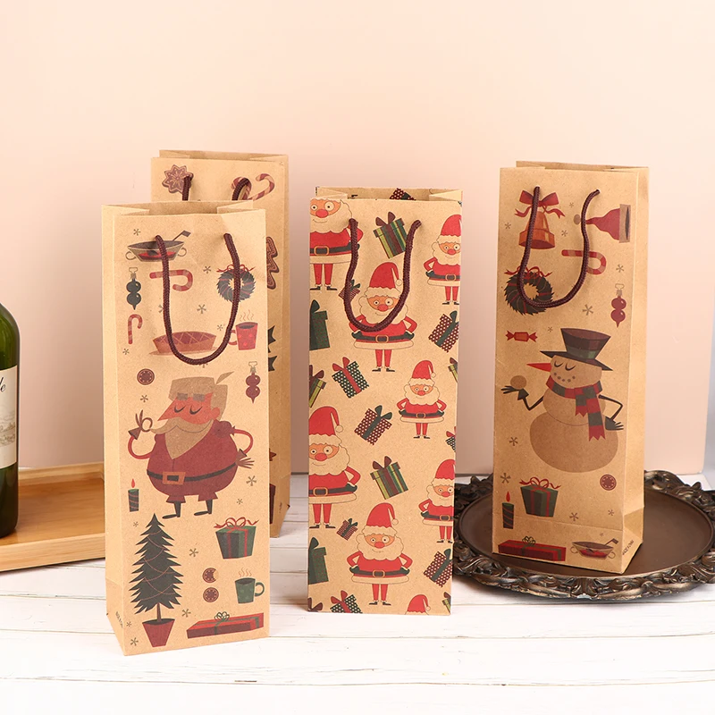 

1Pc Christmas Kraft Paper Bag Santa Claus Snowman Red Wine Bottle Paper Bags Merry Christmas Decor For Home Xmas Ornaments