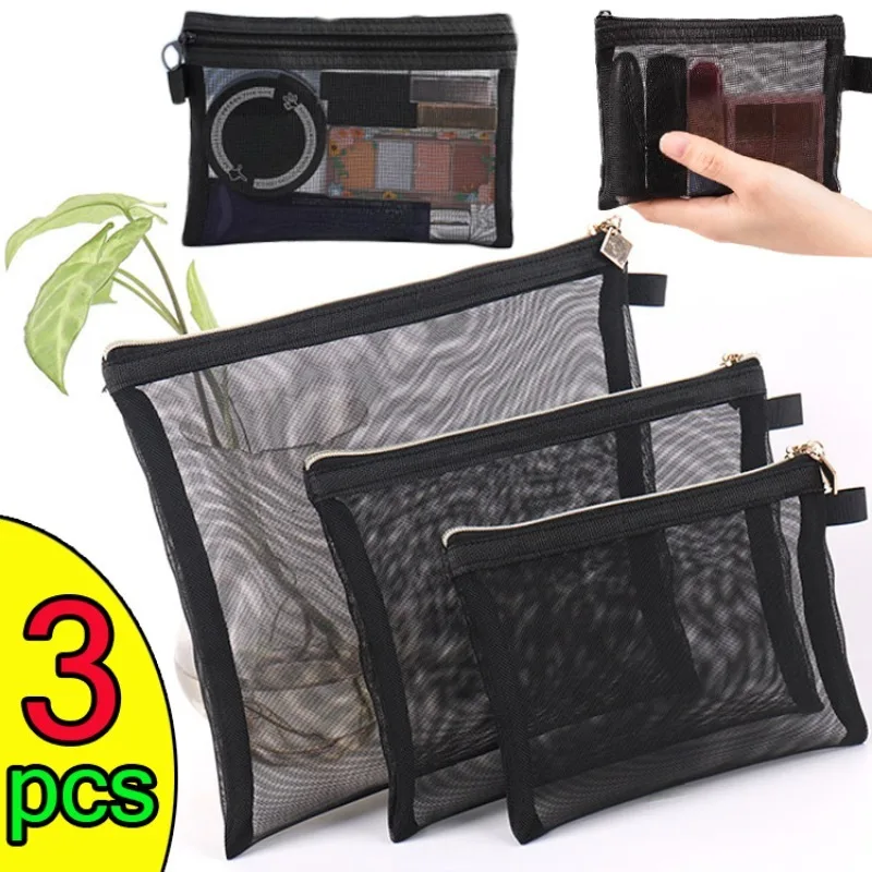 3 stücke Mesh klare Kosmetik taschen s/m/l Größe schwarz Make-up Tasche tragbare Outdoor-Reise Veranstalter Fall Lippenstift Aufbewahrung beutel Geschenke