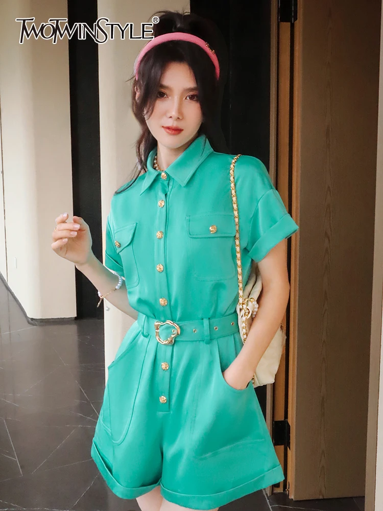 

TWOTWINSTYLE Solid Casual Playsuits For Women Lapel Short Sleeve High Waist Patchwork Buttons Cargo Playsuit Female Clothing New