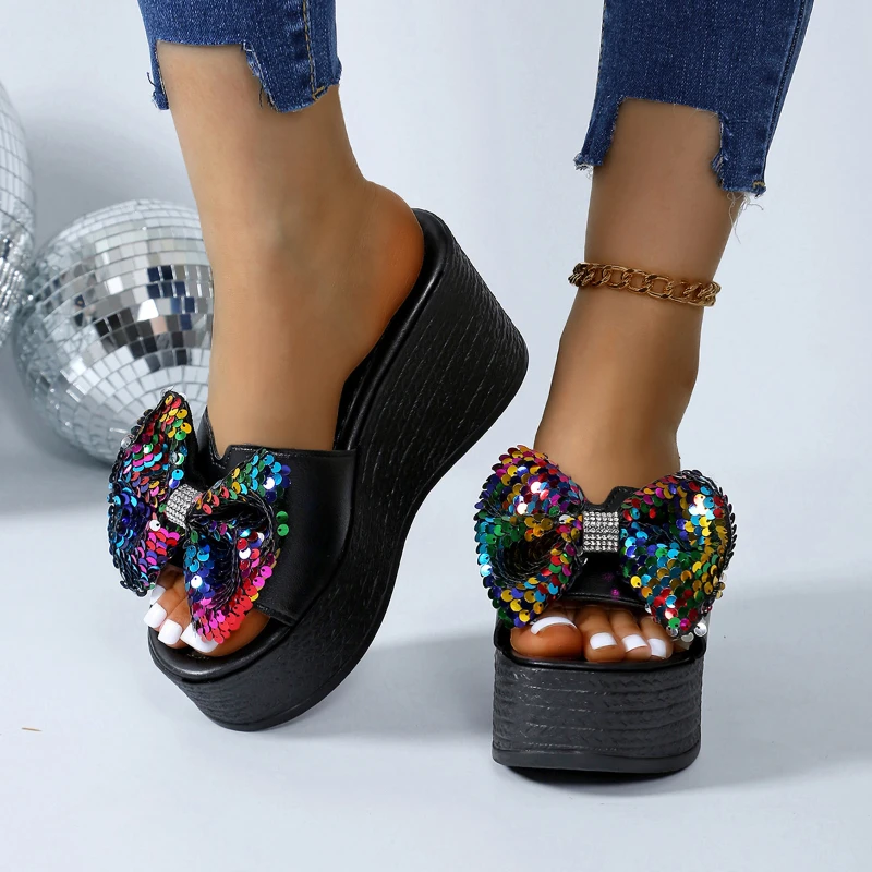 

Wedge Round Toe Sweet Modern Slippers Summer Fashion Sequin Cloth Women's Shoes Platform Casual Slippers Large Size Zapatos