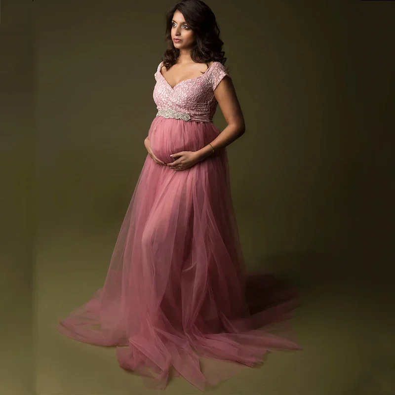 

One Line Collar Lace Mesh Maternity Photography Dresses Pregnancy Shoot PhotoTrailing skirt Sexy Daily Pregnant Women's Clothing