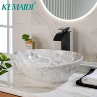 KEMAIDI Ceramic Vessel Sinks Oval Bathroom Sink Above Counter Vessel Sink with Faucet and Drain Combo 16 inch Marbling Vessel 1