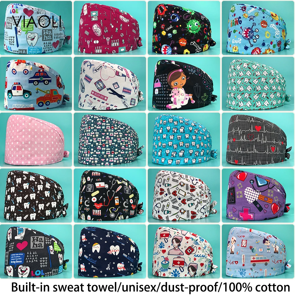 Printing Scrubs Soft Adjustable Surgical Scrub Caps with Sweatband Cotton Medical Nursing Hair Hats with Tie Back for Men Women