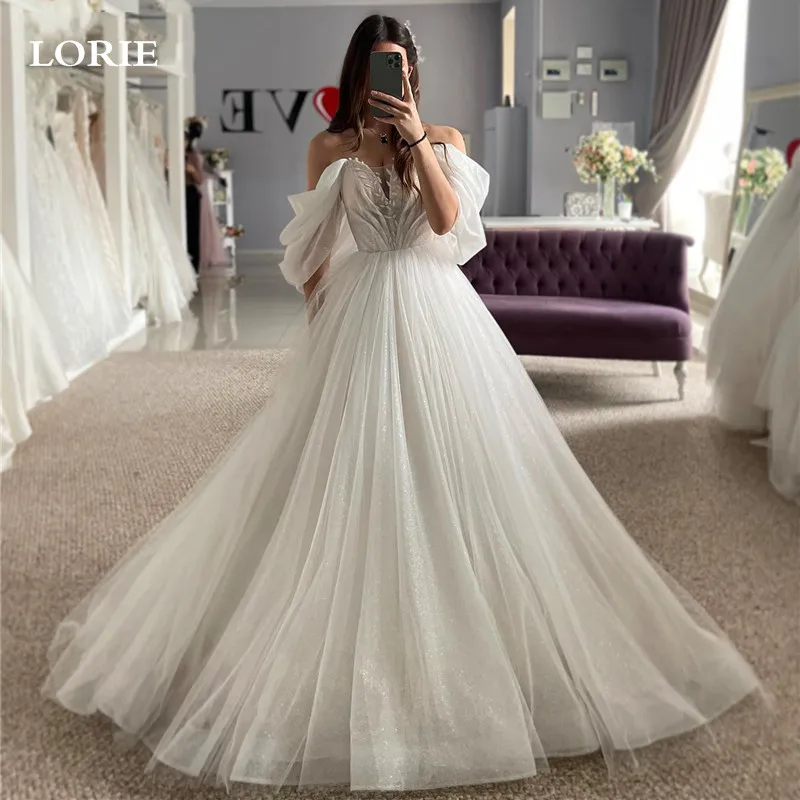 

LORIE Princess Wedding Dresses Off The Shoulder Lace Appliques Bride Dress Shiny Glitter Tulle Wedding Gowns