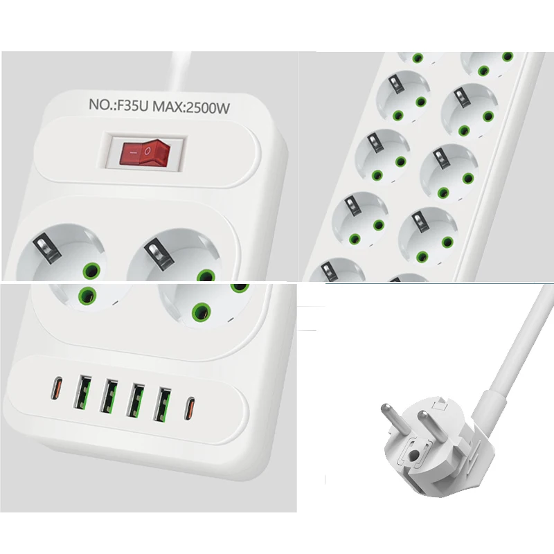 Power Strip EU Plug AC Outlet Multitap Extension Cord Electrical Socket 4 USB Ports Fast Charge Network Filter