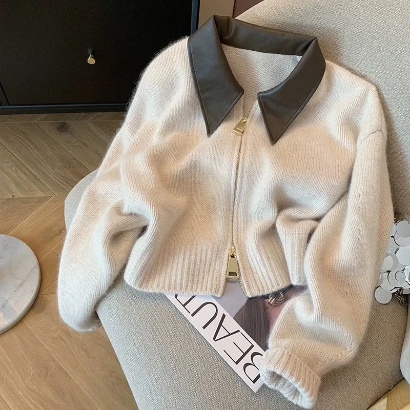 

Y2K Streetwear Casual French Vintage Knitted Pullover Women Classical Oversized Sweater Turn-Down Collar Long Sleeve Cardigan