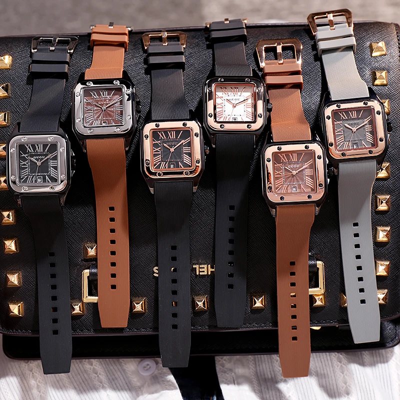 Original GUOU Women Quartz Watch Roman Numeral Automatic Date Dial Luxury Premium Multicolor Silicone Strap Lady Gift Clock 2023