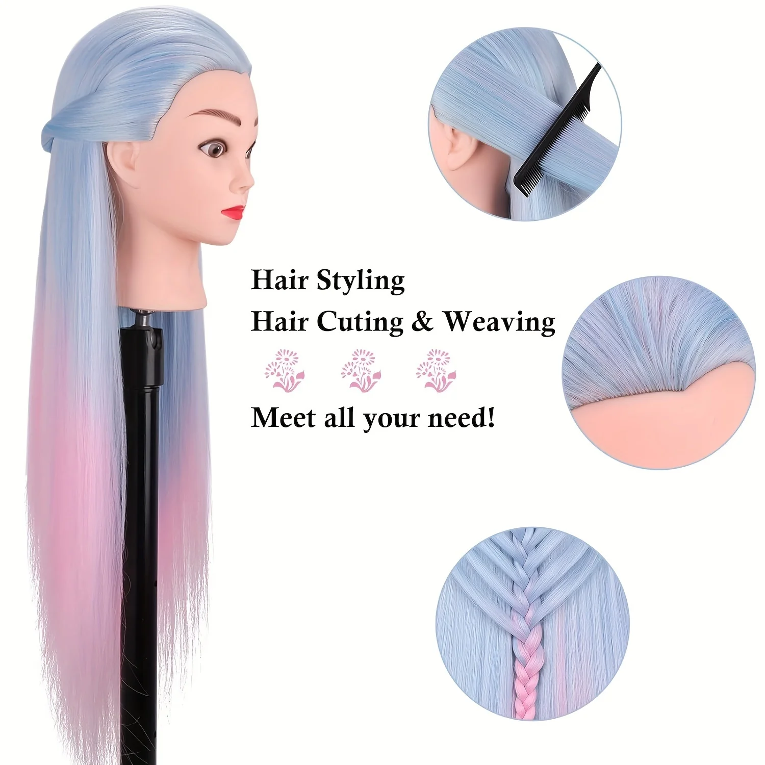 28" Mannequin Head Hair Styling Training Braiding Manikin Cosmetology Synthetic Hair For Hairdresser Free Clamp Hold