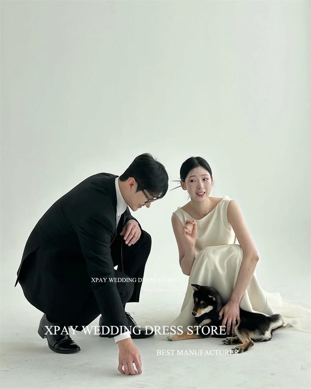 XPAY Simple O Neck Korea Wedding Dresses Sleeveless Elastic Satin Bride Photos Shoot Dress Custom Made Floor Garden Bridal Gown 4