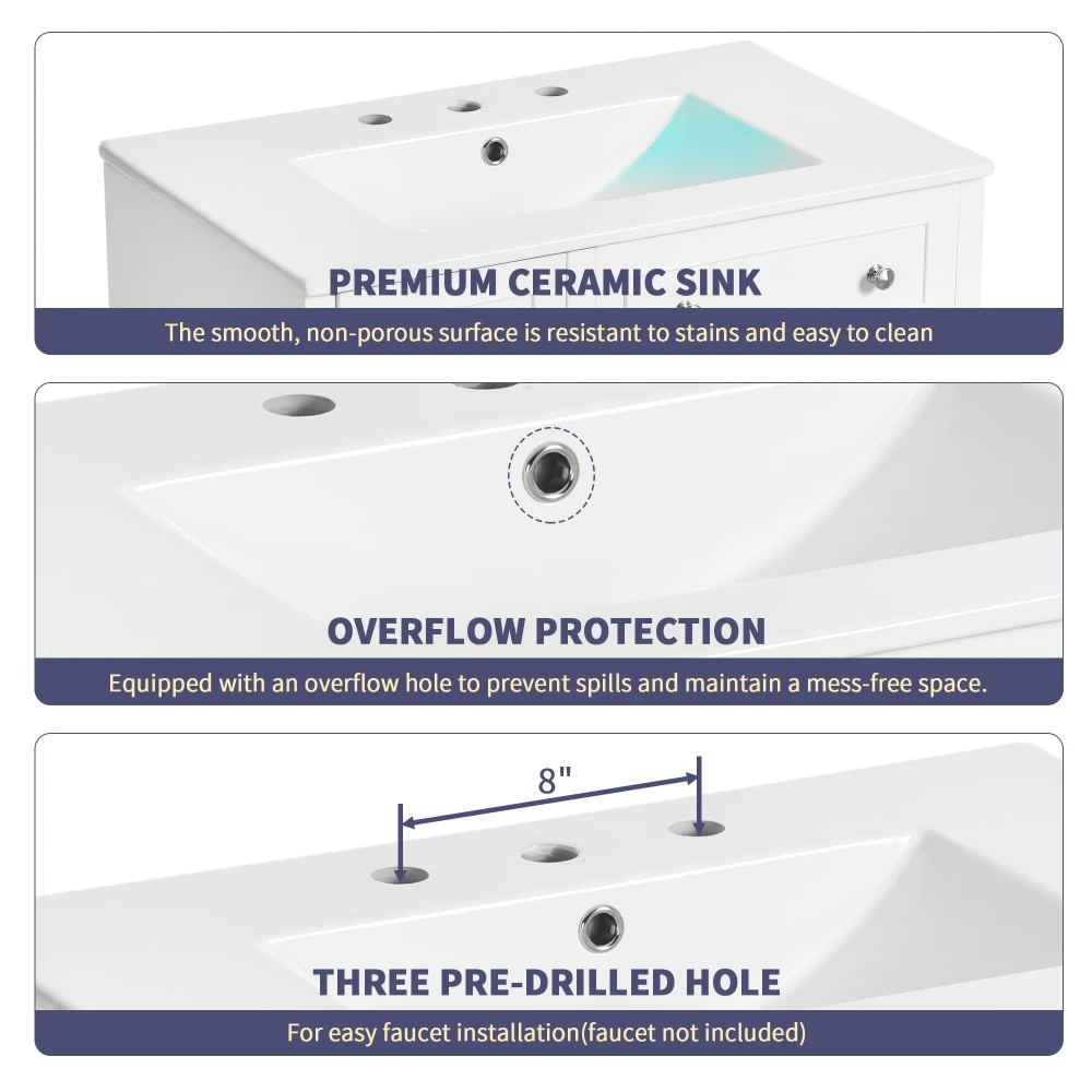 30-Inch Bathroom Vanity Cabinet with Ceramic Basin, Double-Layer Drawer, Deep Drawer and Adjustable Shelf 6