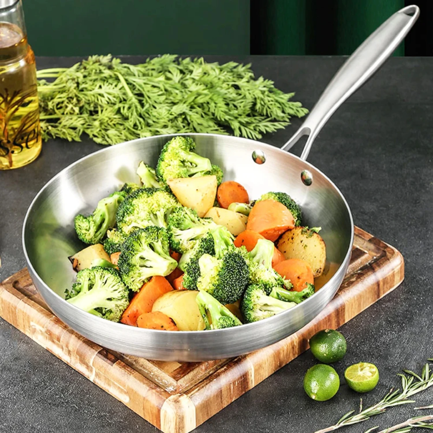 Frying Pan,Stainless Steel Frying Pot 28/30cm Uncoated Household Wok Suitable for Induction and Gas Hobs,Heat-Resistant Handle