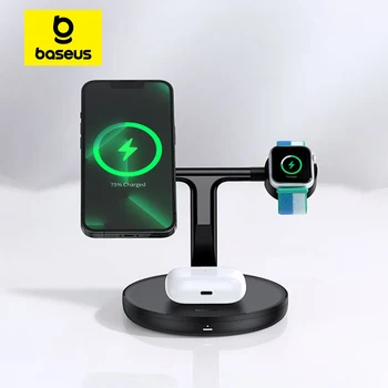 Baseus 마그네틱 무선 충전기 스탠드, 아이폰 15, 14 프로 에어팟, 애플 워치, 휴대폰 고속 충전 스테이션 거치대, 3 in 1, 20W