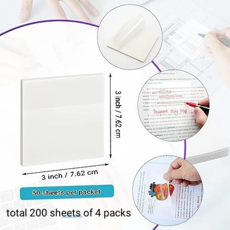 4 Packs 200 Sheets PET Sticky Notes, Waterproof Translucent Self-adhesive Label Sticker, Transparent Writable Tags 2