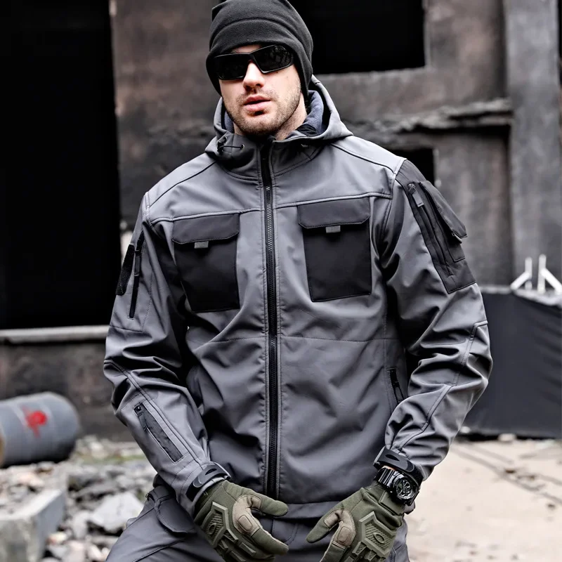 Jaqueta tática militar de casca mole dura masculina, à prova de vento, impermeável, multi-bolso, carga, combate, treinamento