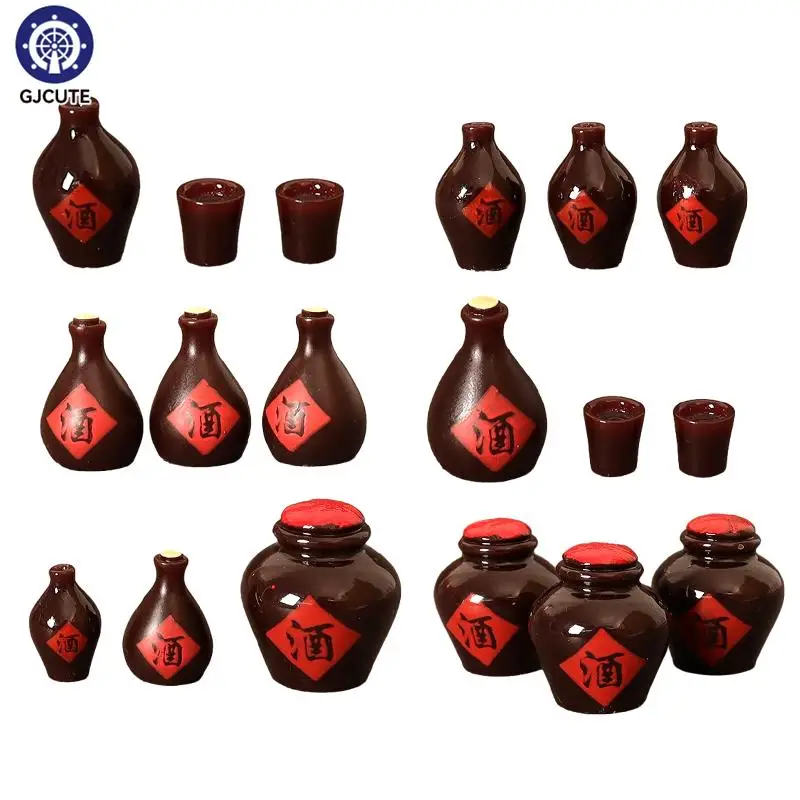 

1Set 1:12 Dollhouse Miniature Wine Jar Retro Chinese Wine Jar Wine Cup Model Kitchen Decor Toy Doll House Accessories