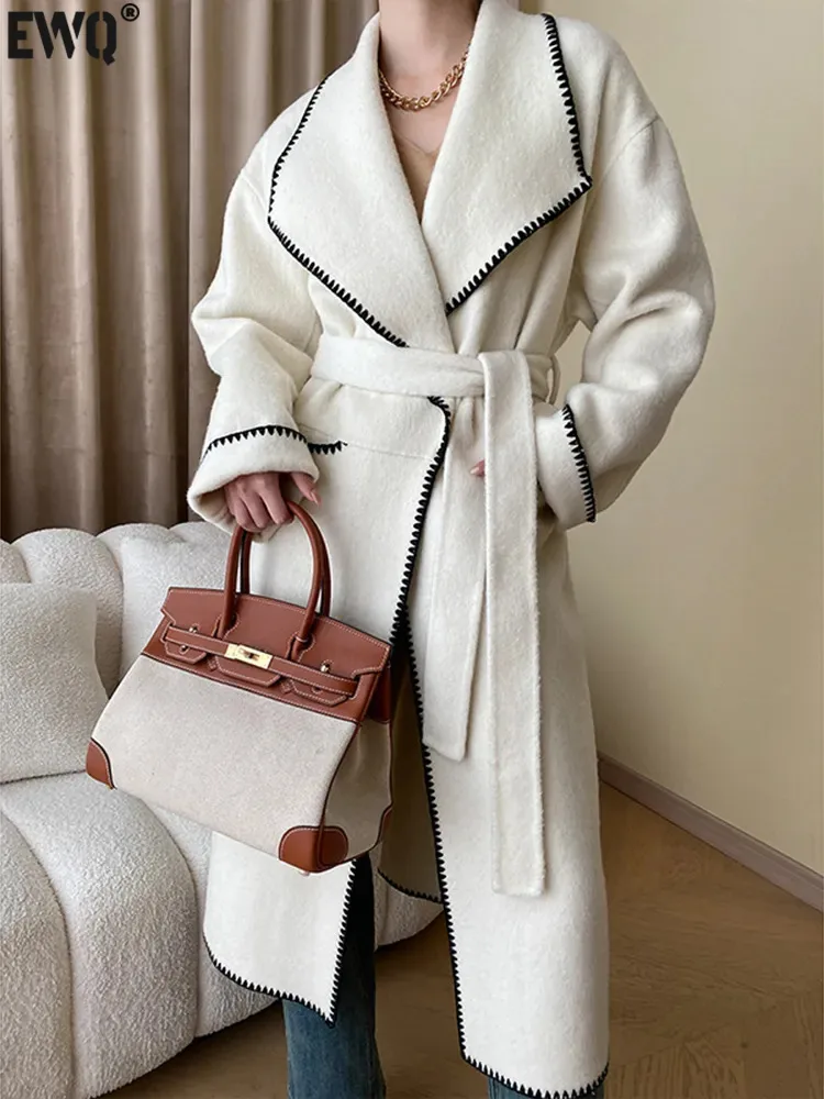 

[EWQ] Luxury Lady Woolen Coat Contrast Color Lapel Elegant Long Sleeve Lace-up Kaschmir Mantel 2023 Autumn Winter New 16U5301