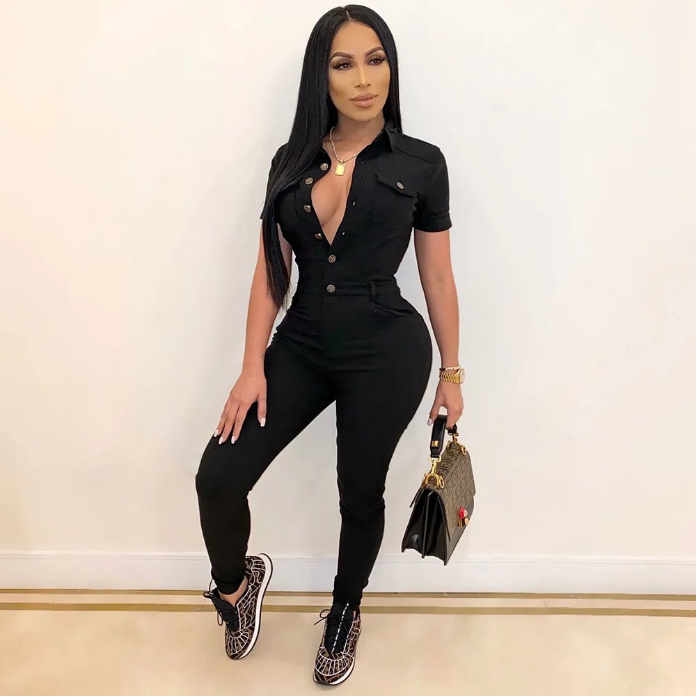 Women's Casual Solid Color Lapel Short-Sleeved Single-Breasted Jumpsuit Fashion Straight-Leg Jumpsuit Pants Urban Style