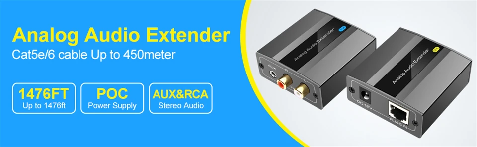Analog Digital Audio Extender RCA 3.5mm Stereo Over Ethernet Single Cat5e Cat6 C