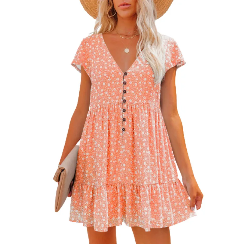 Summer Boho Floral Mini Dress Women Sexy V-neck Short Sleeve Casual Loose Chiffon Dresses 2022 Fashion Ruffles Woman Sundress cocktail dresses