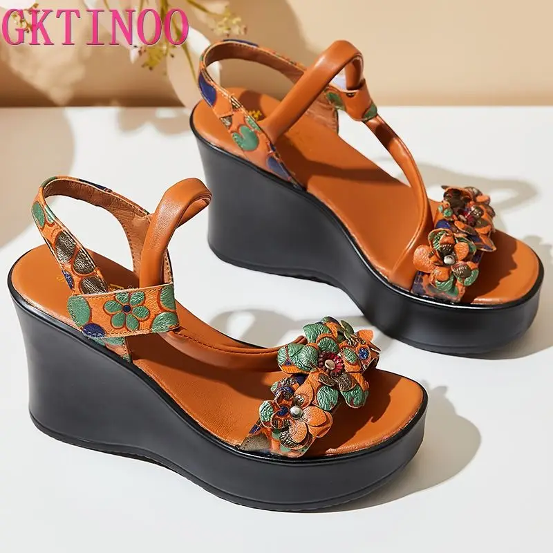 Gktinoo High Heels Sandals Genuine Leather Women Shoes 2022 New Summer Hook & Loop Wedges Casual