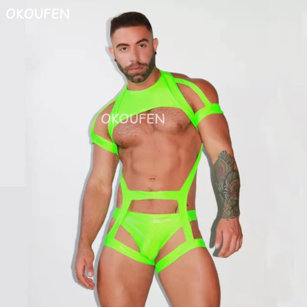 

Green Fluorescence One piece Bandage Men's Elastic Straps Nightclub Bar Stage Performance Suit